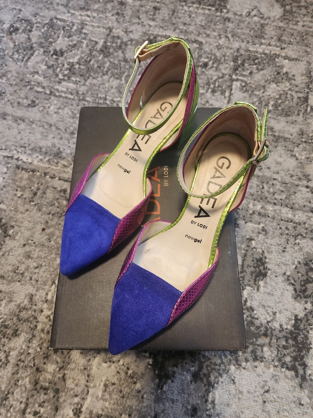 Pointed-Toe Ankle-Strap Heels in Purple, Pink & Lime